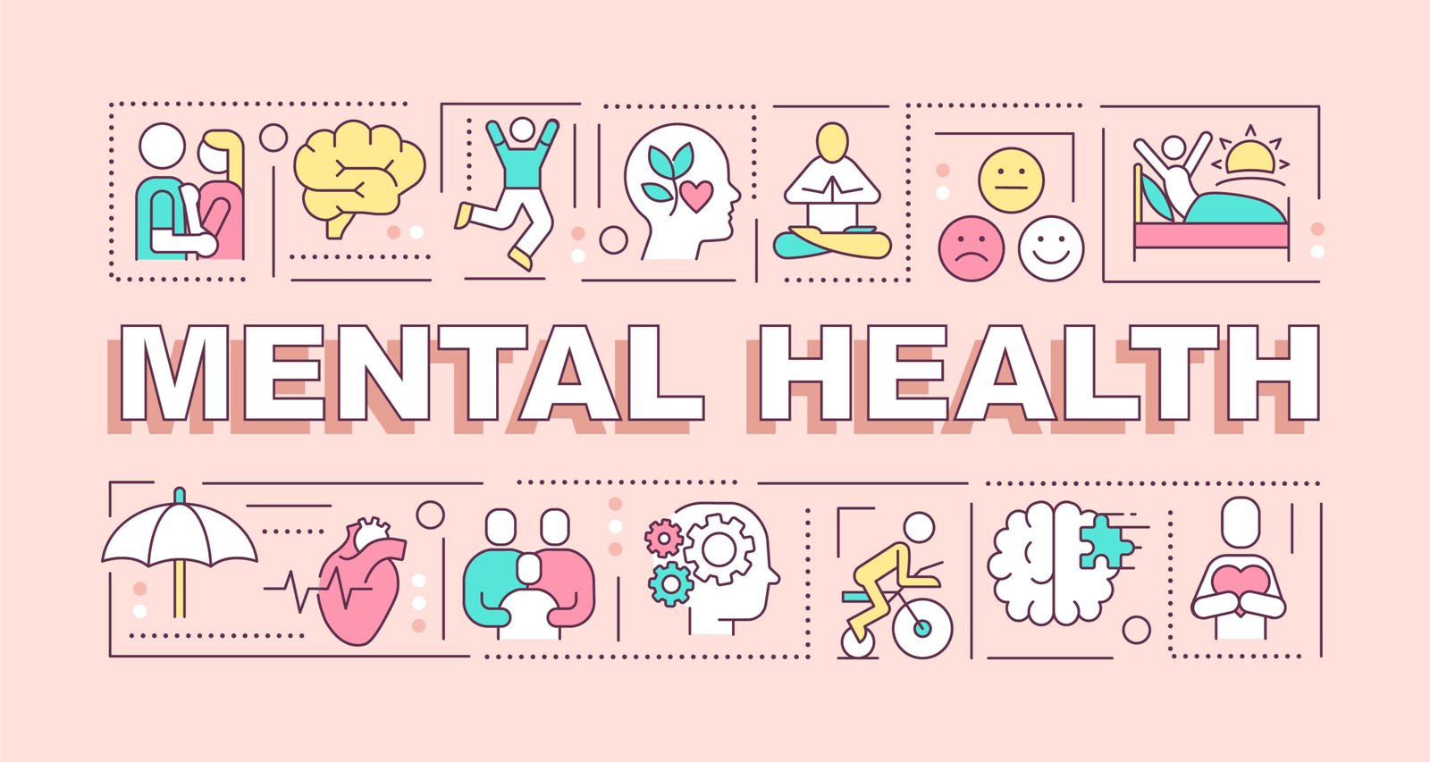 Mental health word concepts pink banner. Psychologist support. Infographics with icons on color background. Isolated typography. Vector illustration with text. Arial-Black font used