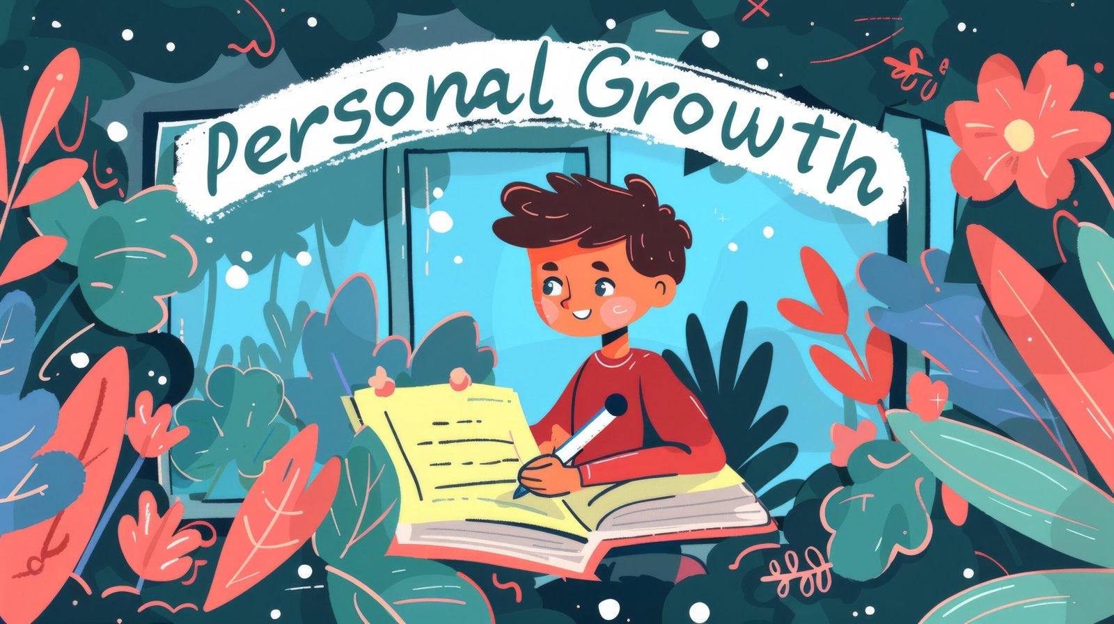 A whimsical cartoon illustration featuring a young boy focused and engaged as he writes in a book, with the words personal growth displayed prominently