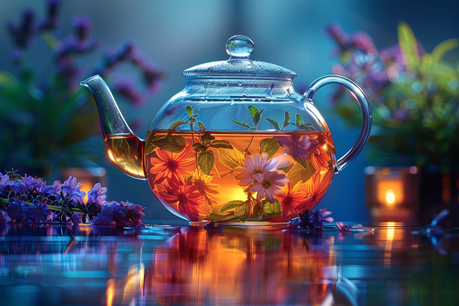 Herbal infusion brewing in a glass teapot, blending vibrant colors and natural flavors for a refreshing sip. Concept of wellness and herbal remedies. Generative Ai.